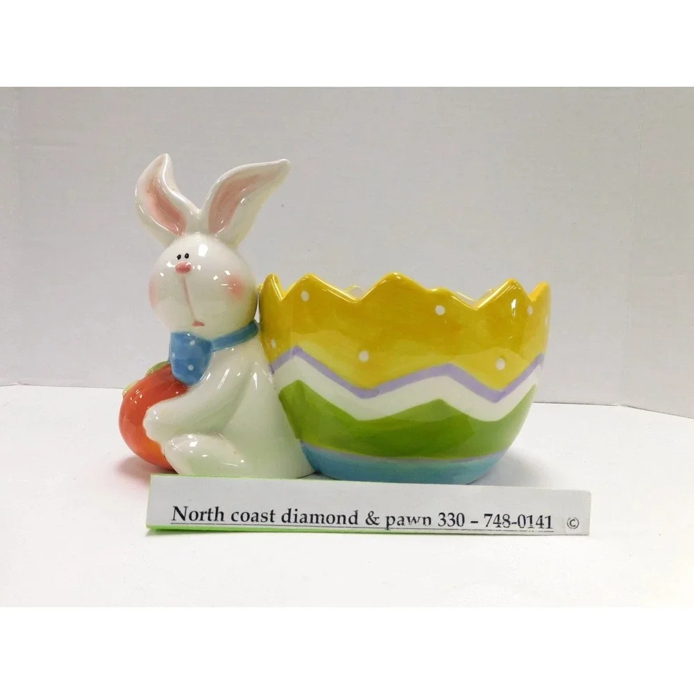 Ceramic Easter Bunny Candy Dish Cracked Egg Figurine Carrot Pastel Bowl DW89